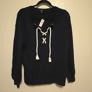 Talbots Nautical Rope Tie Front Sweater Navy Blue Ribbed Cotton Blend M NWT